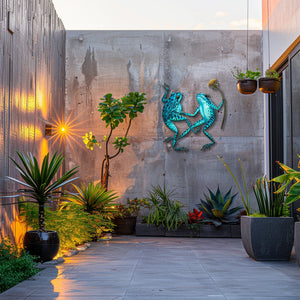 Blue frog couple metal wall art with flower whimsical garden aluminum wall decor 6