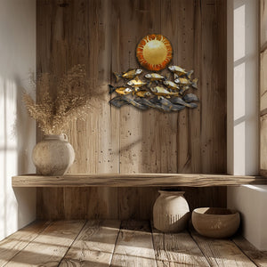 Golden fish metal wall art with ocean waves and sun coastal aluminum wall decor 6