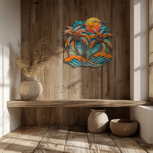 Coconut palm trees metal wall art with tropical coconuts orange sunset sky crashing turquoise waves and beach resort aluminum wall decor 7
