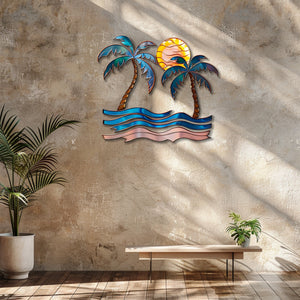 Palm trees sunset metal wall art with tropical palm trees ocean waves and golden sun coastal beach aluminum wall decor 7