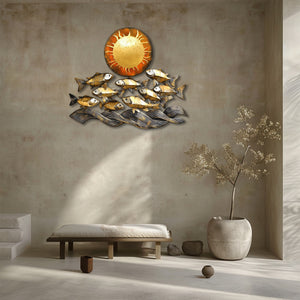 Golden fish metal wall art with ocean waves and sun coastal aluminum wall decor 7