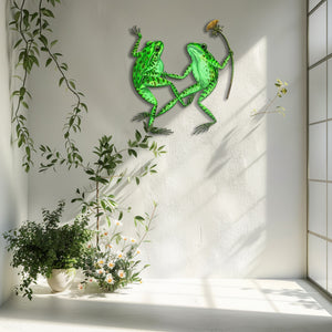 Green frog couple metal wall art with flower whimsical garden aluminum wall decor 7