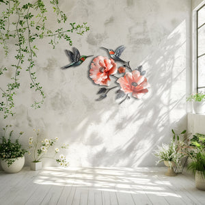 Hummingbird Poppy Flower UV printed aluminum metal wall art for floral living room and patio decor 7