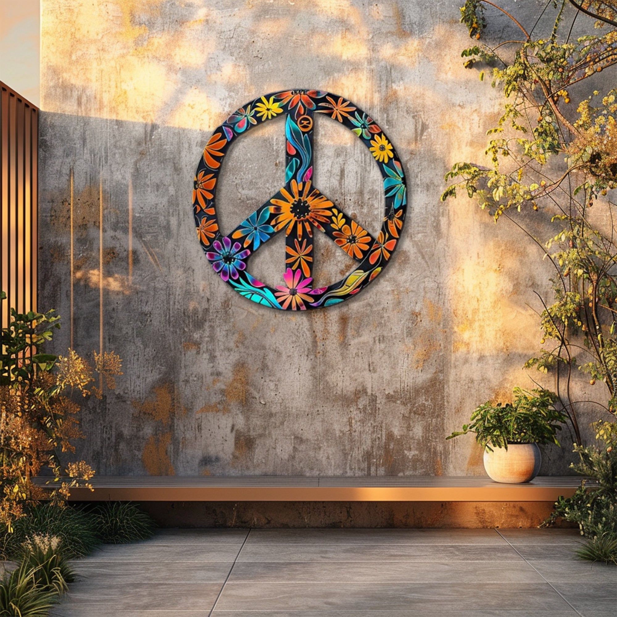 Floral Peace Sign UV printed aluminum metal wall art for colorful hippie living room bedroom and patio decor