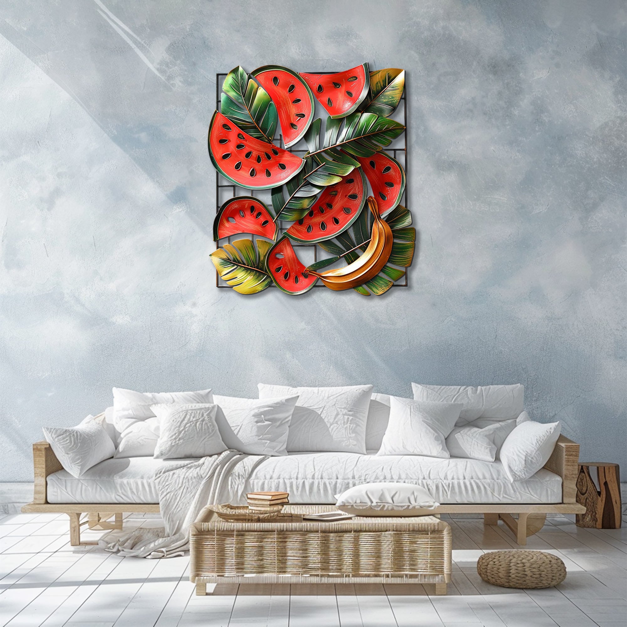 Tropical watermelon and banana metal wall art with lush botanical leaves for summer kitchen decor