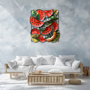 Tropical watermelon and banana metal wall art with lush botanical leaves for summer kitchen decor