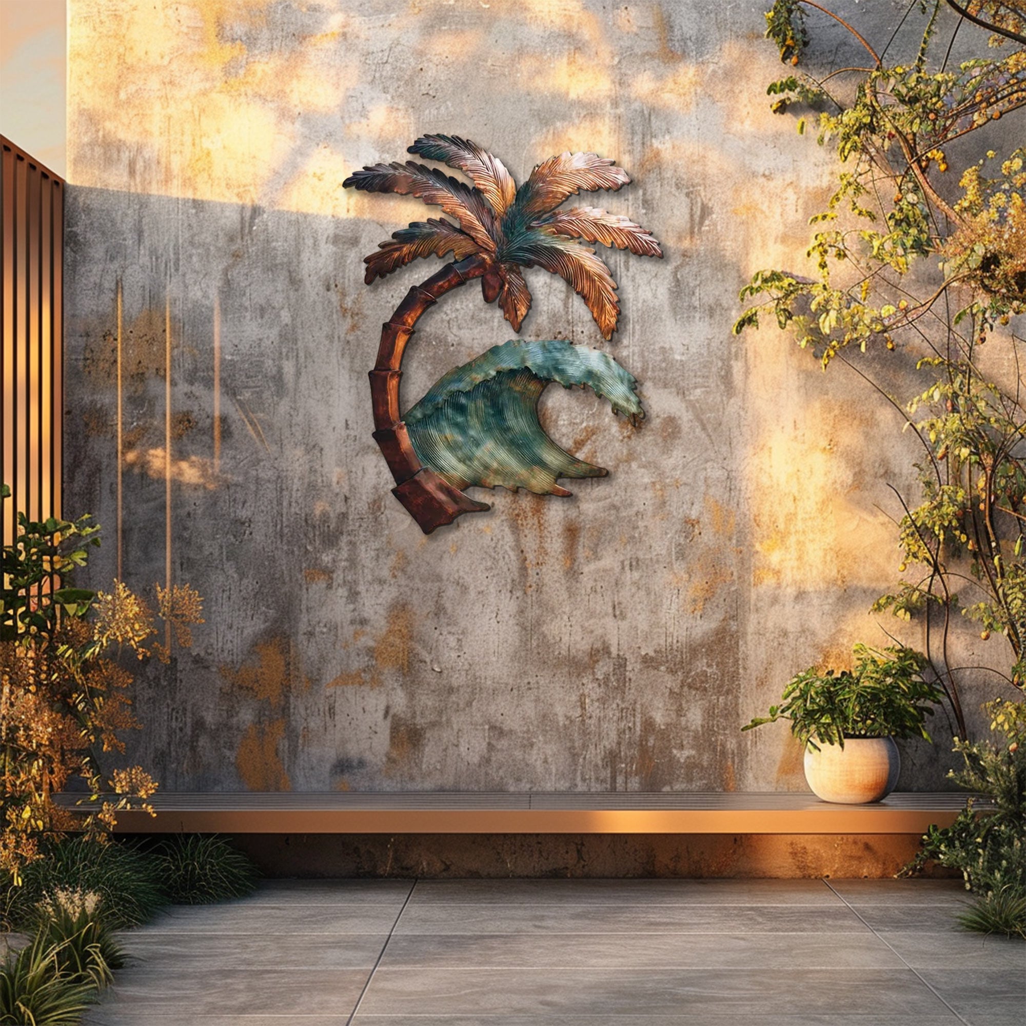 Palm tree ocean wave metal wall art with tropical coastal design mounted on beige wall
