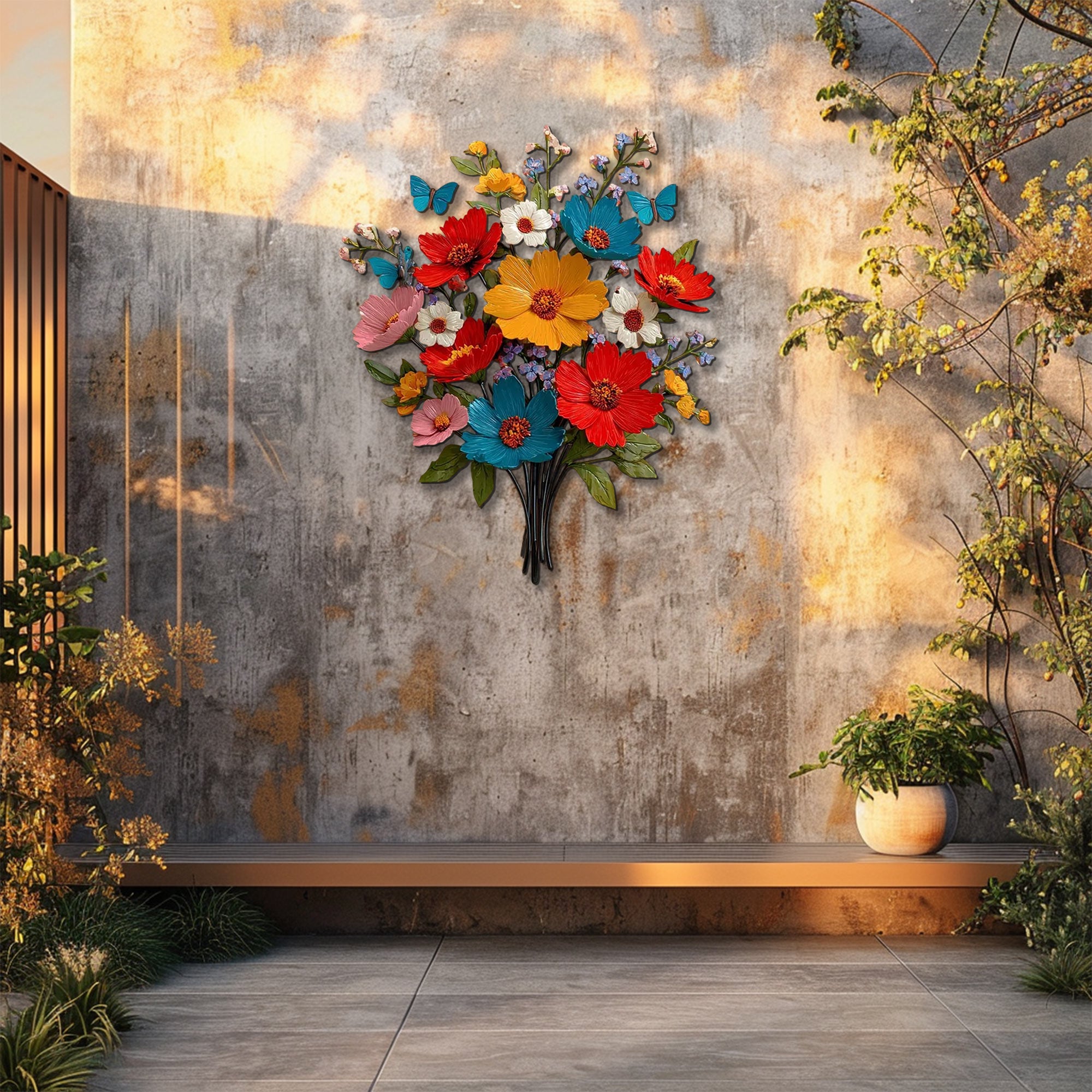 Colorful wildflower metal wall art with butterflies and vibrant floral bouquet mounted on textured wall