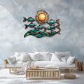 Ocean fish metal wall art with turquoise fish ocean waves and golden sun coastal beach aluminum wall decor