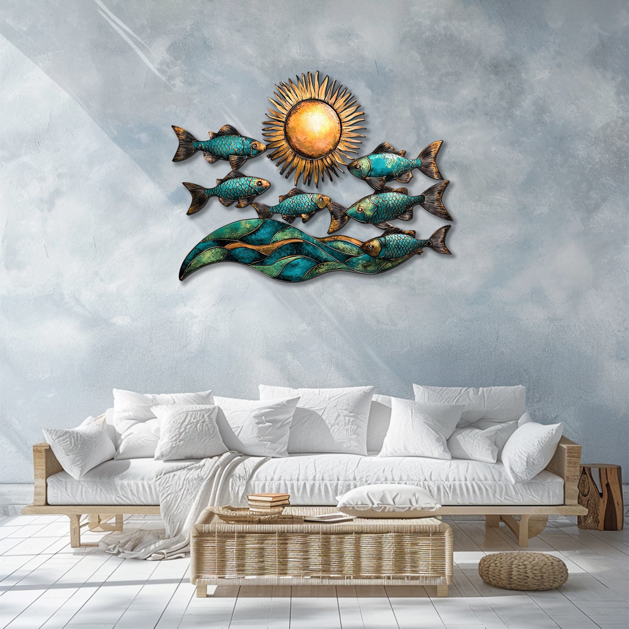 Ocean fish metal wall art with turquoise fish ocean waves and golden sun coastal beach aluminum wall decor