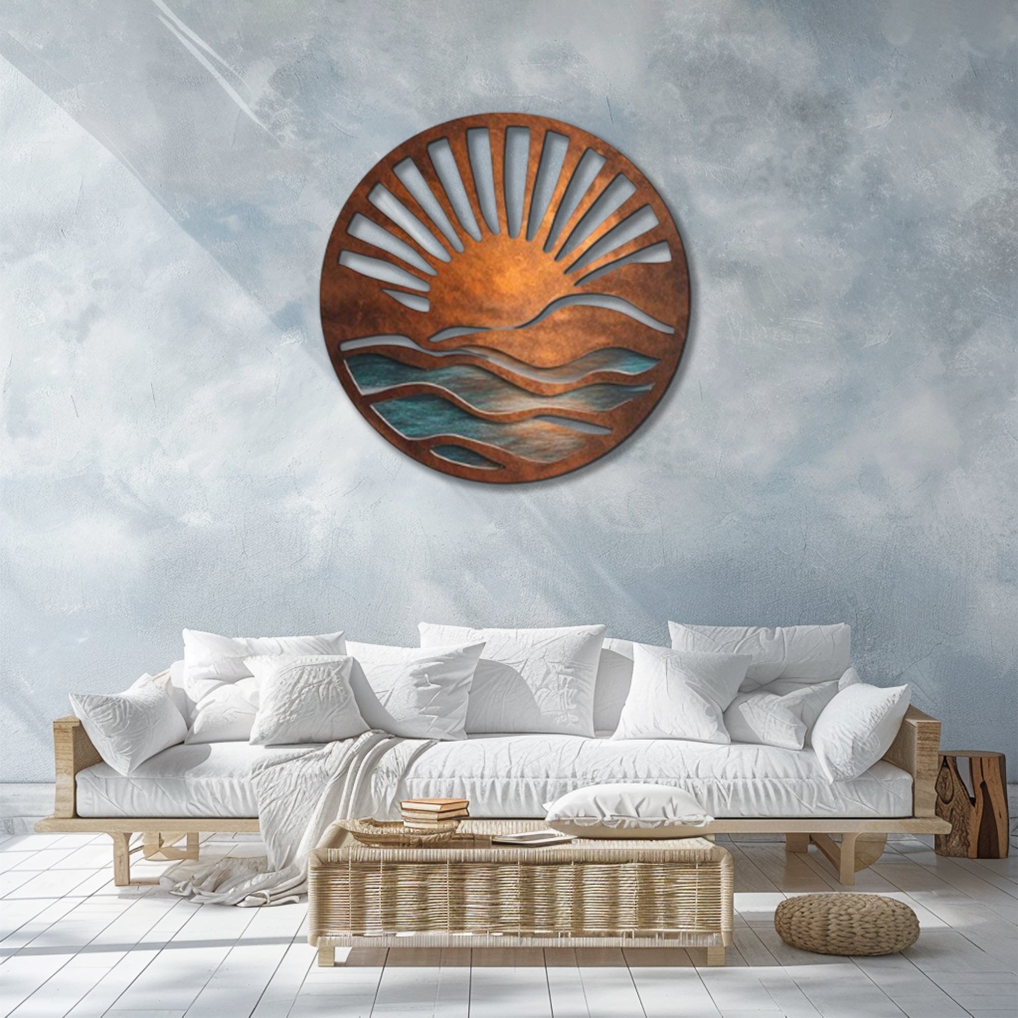 Rustic Ocean Sunrise UV printed aluminum metal wall art for coastal beach house living room and patio decor