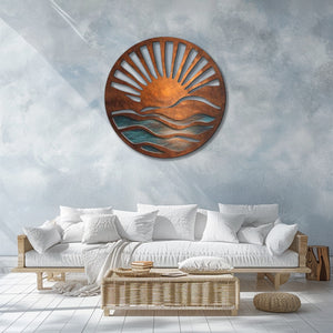Rustic Ocean Sunrise UV printed aluminum metal wall art for coastal beach house living room and patio decor