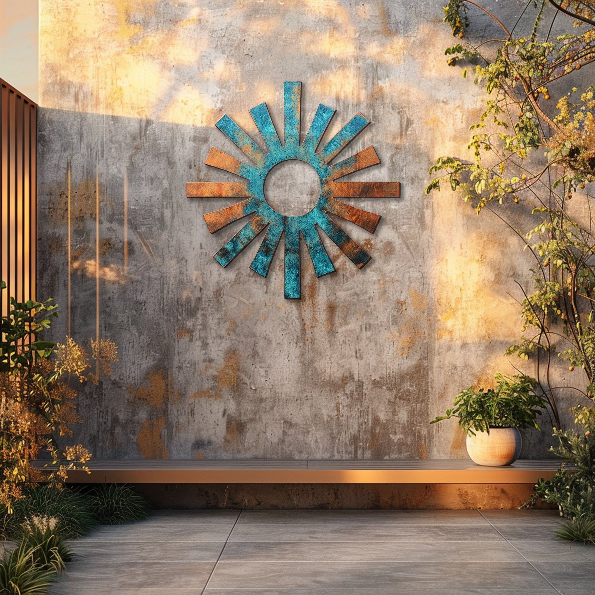 Turquoise sunburst metal wall art rustic southwestern outdoor decor