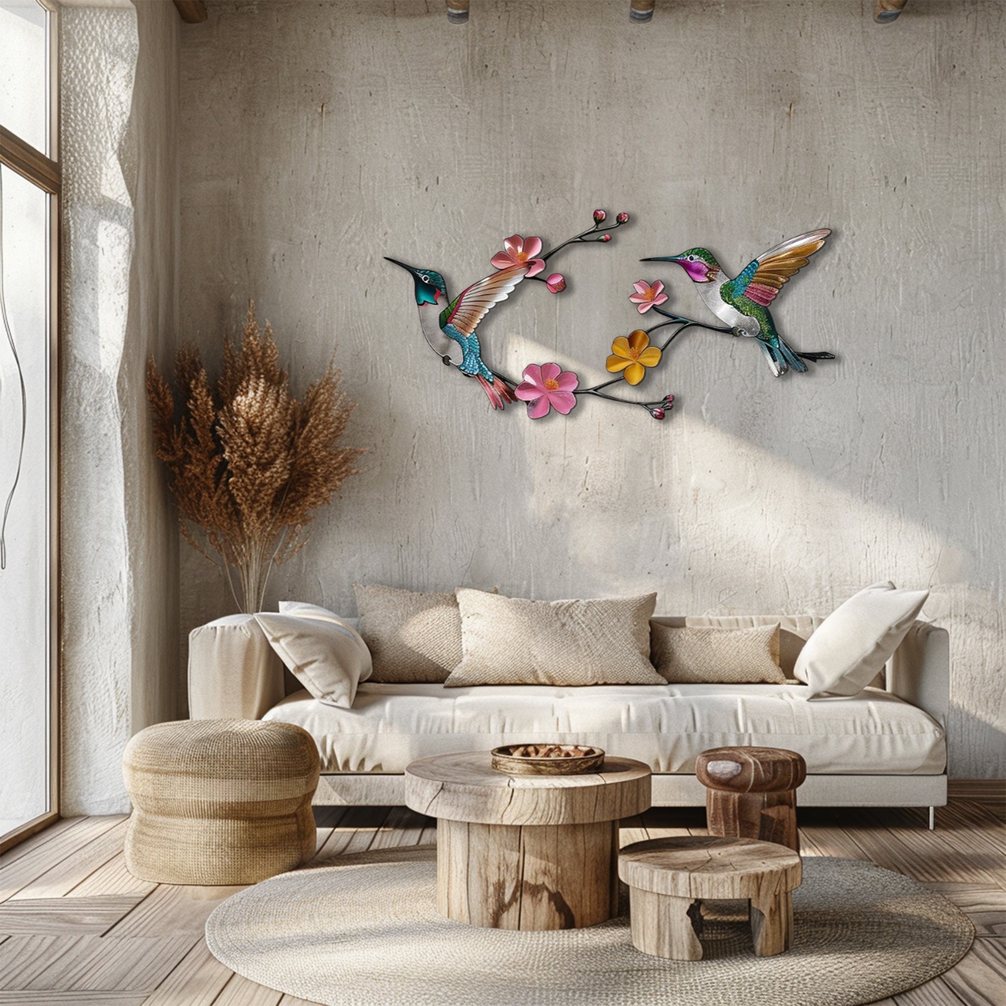 Hummingbird Floral Branch UV printed aluminum metal wall art for colorful living room and patio decor