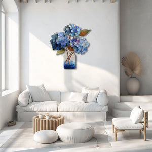 Blue hydrangea metal wall art with floral bouquet and rustic vase styling