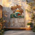 Tropical sunset wave metal wall art with palm trees and coastal ocean design mounted on textured wall