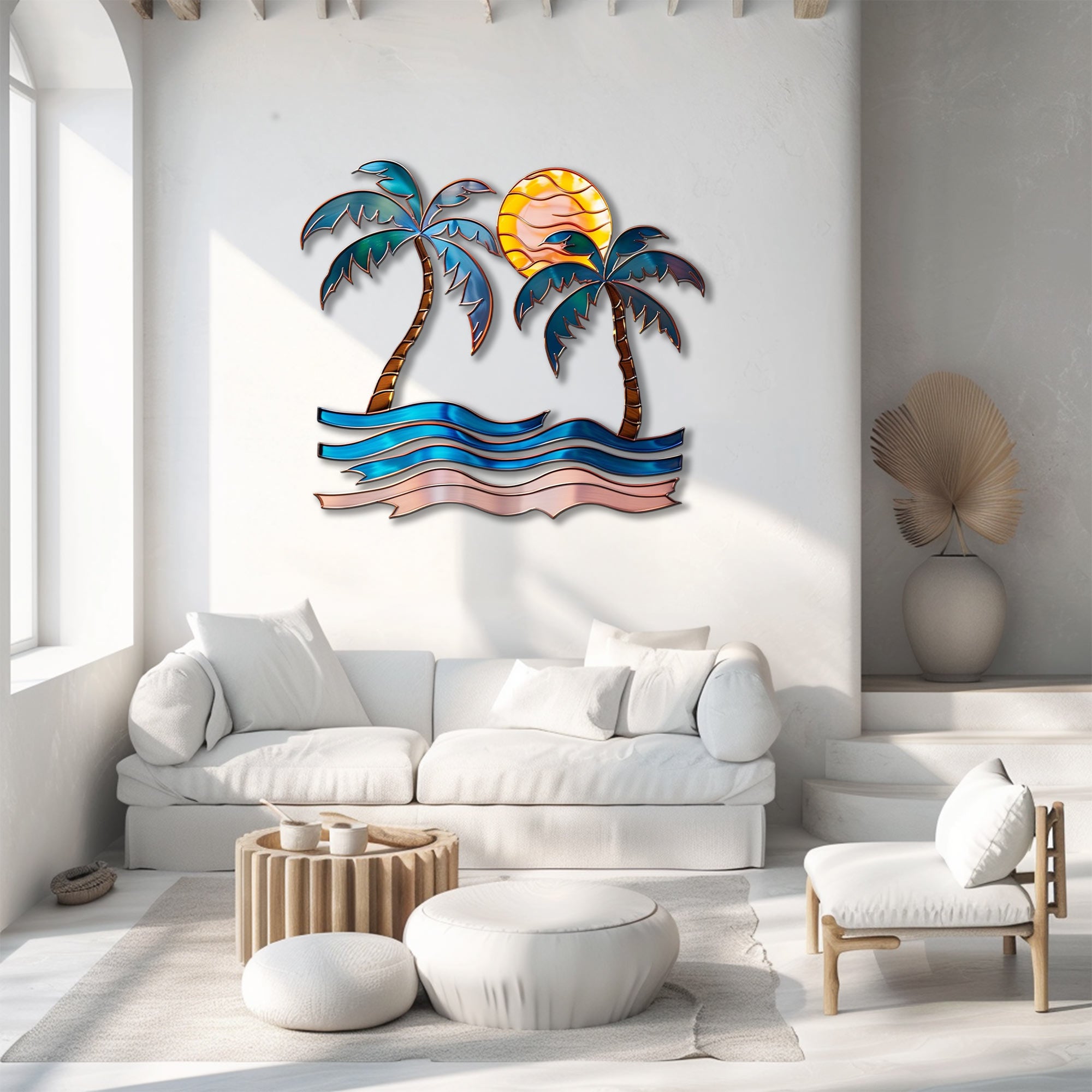 Palm trees sunset metal wall art with tropical palm trees ocean waves and golden sun coastal beach aluminum wall decor