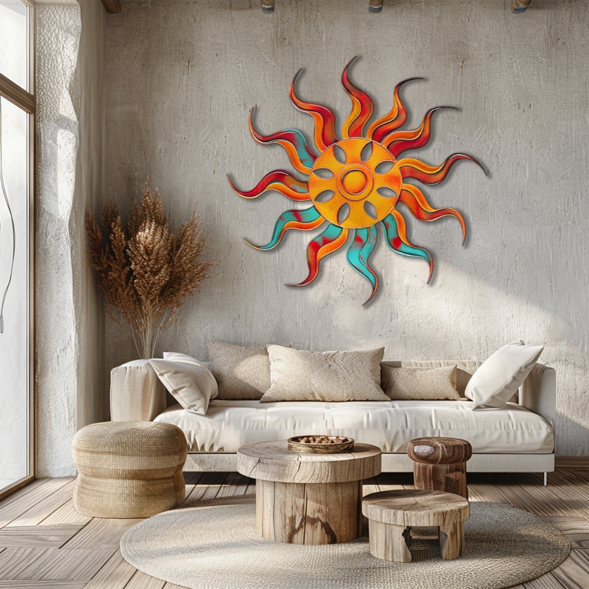 Flame Sun UV printed aluminum metal wall art for colorful patio garden and outdoor wall decor