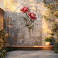Pink peony stem metal wall art with elegant floral botanical design mounted on textured wall