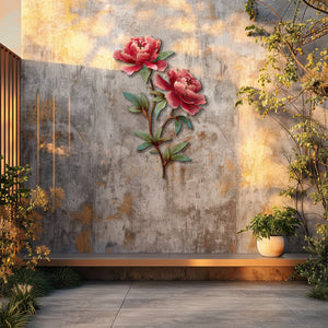 Pink peony stem metal wall art with elegant floral botanical design mounted on textured wall