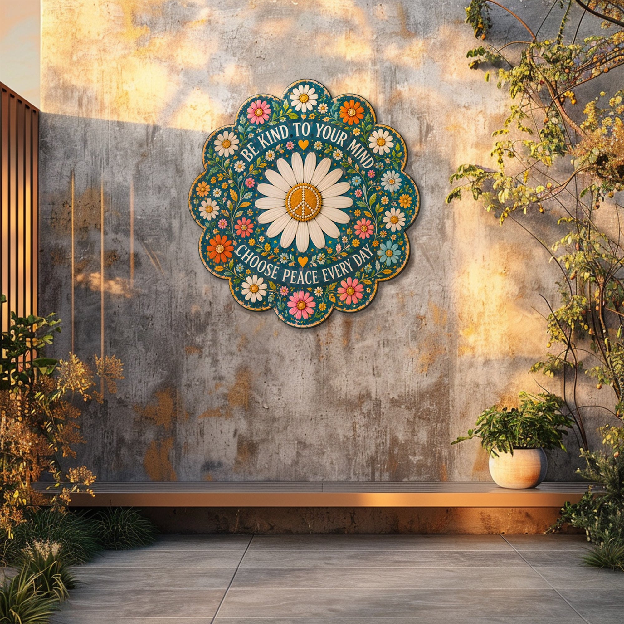 Be Kind Daisy Peace UV printed aluminum metal wall art for inspirational floral living room bedroom and patio decor
