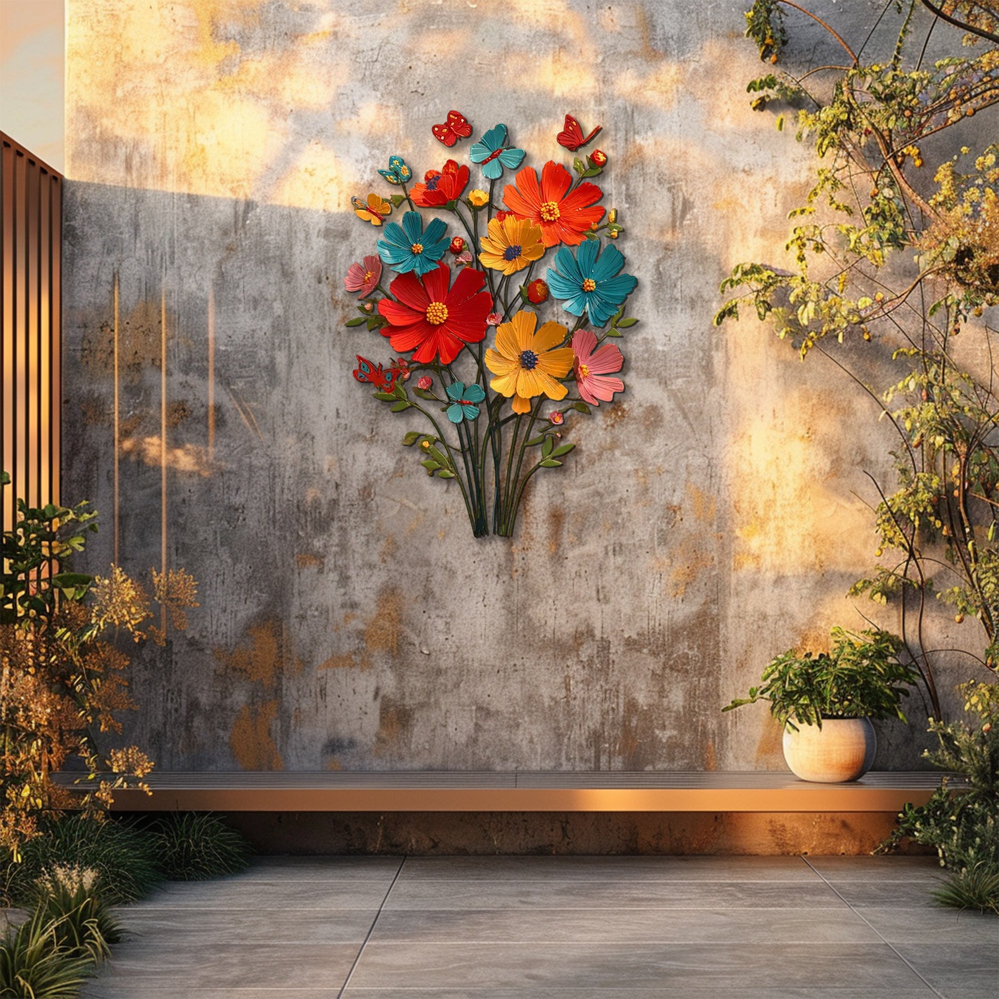 Colorful wildflower metal wall art with butterfly accents and vibrant floral botanical design mounted on textured wall