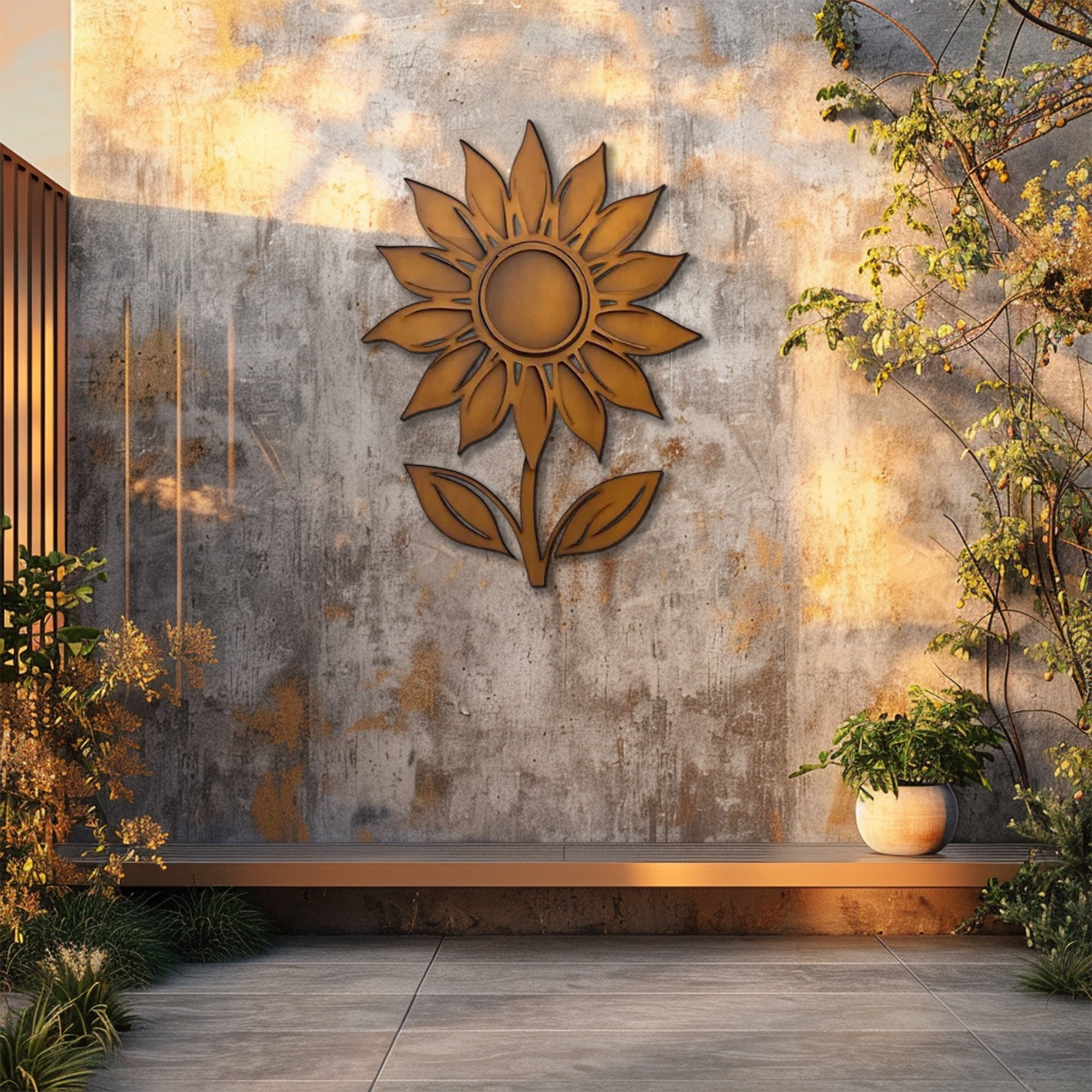 Rustic Sunflower Stem UV printed aluminum metal wall art for outdoor garden patio and farmhouse decor
