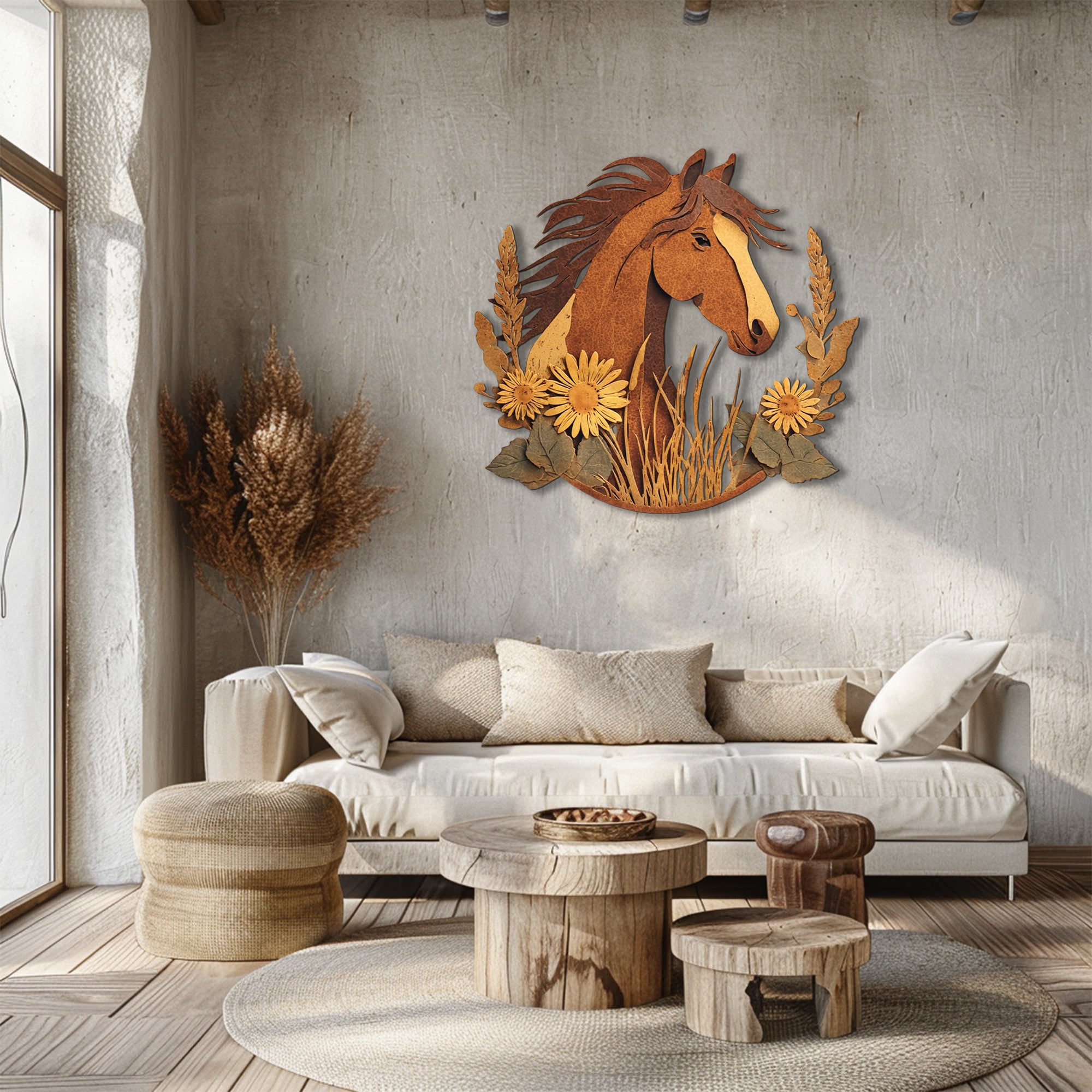 Rustic horse metal wall art with prairie flowers and western farmhouse styling