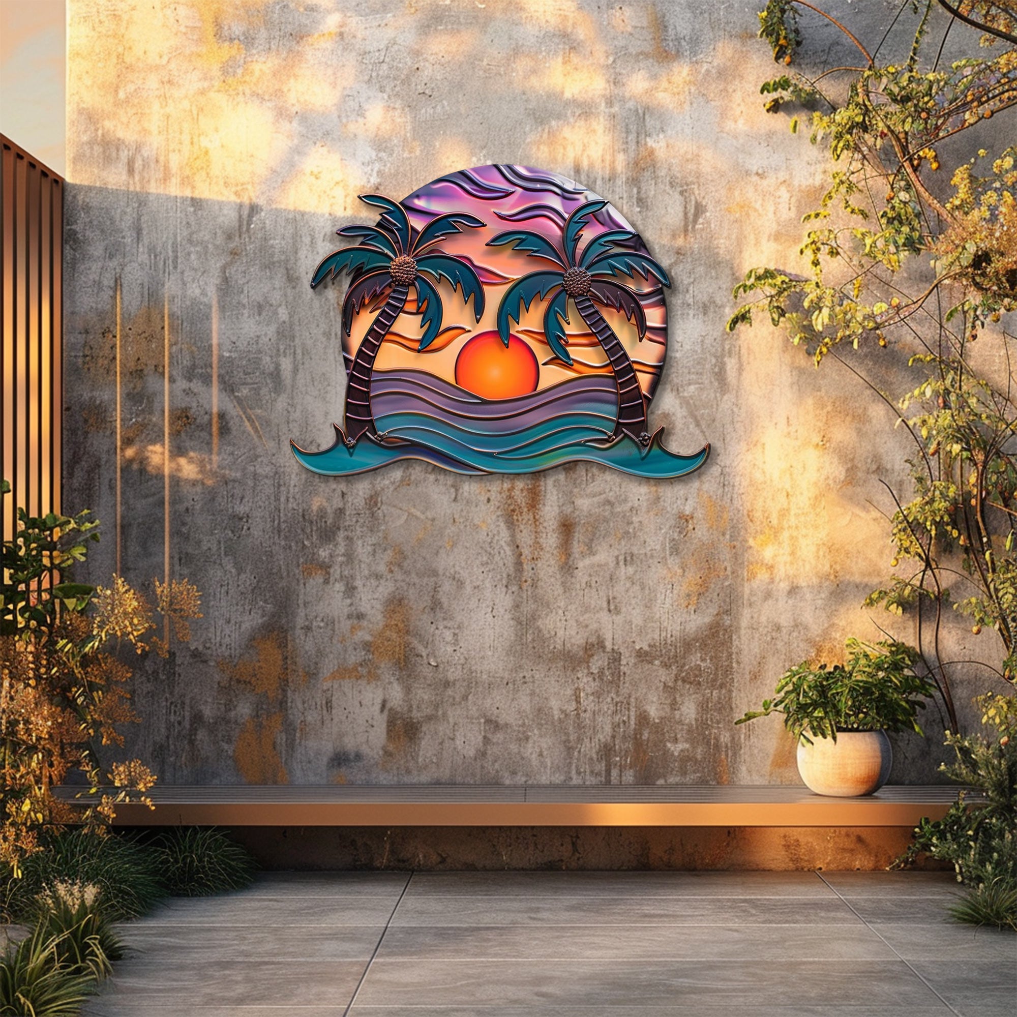 Tropical palm sunset metal wall art coastal beach decor