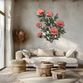 Soft pink peony metal wall art with elegant botanical floral branches mounted on textured wall
