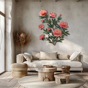 Soft pink peony metal wall art with elegant botanical floral branches mounted on textured wall