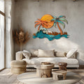 Ocean wave palm trees metal wall art with crashing wave copper sunset sun beach surf house aluminum wall decor