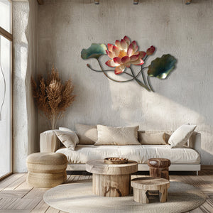 Botanical lotus metal wall art with faux 3D artwork for minimalist decor