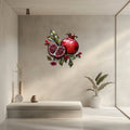 Pomegranate metal wall art with vibrant ruby-red fruit and botanical leaves for Mediterranean kitchen decor