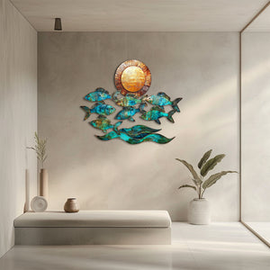 Turquoise fish metal wall art with ocean waves and sunset coastal aluminum wall decor