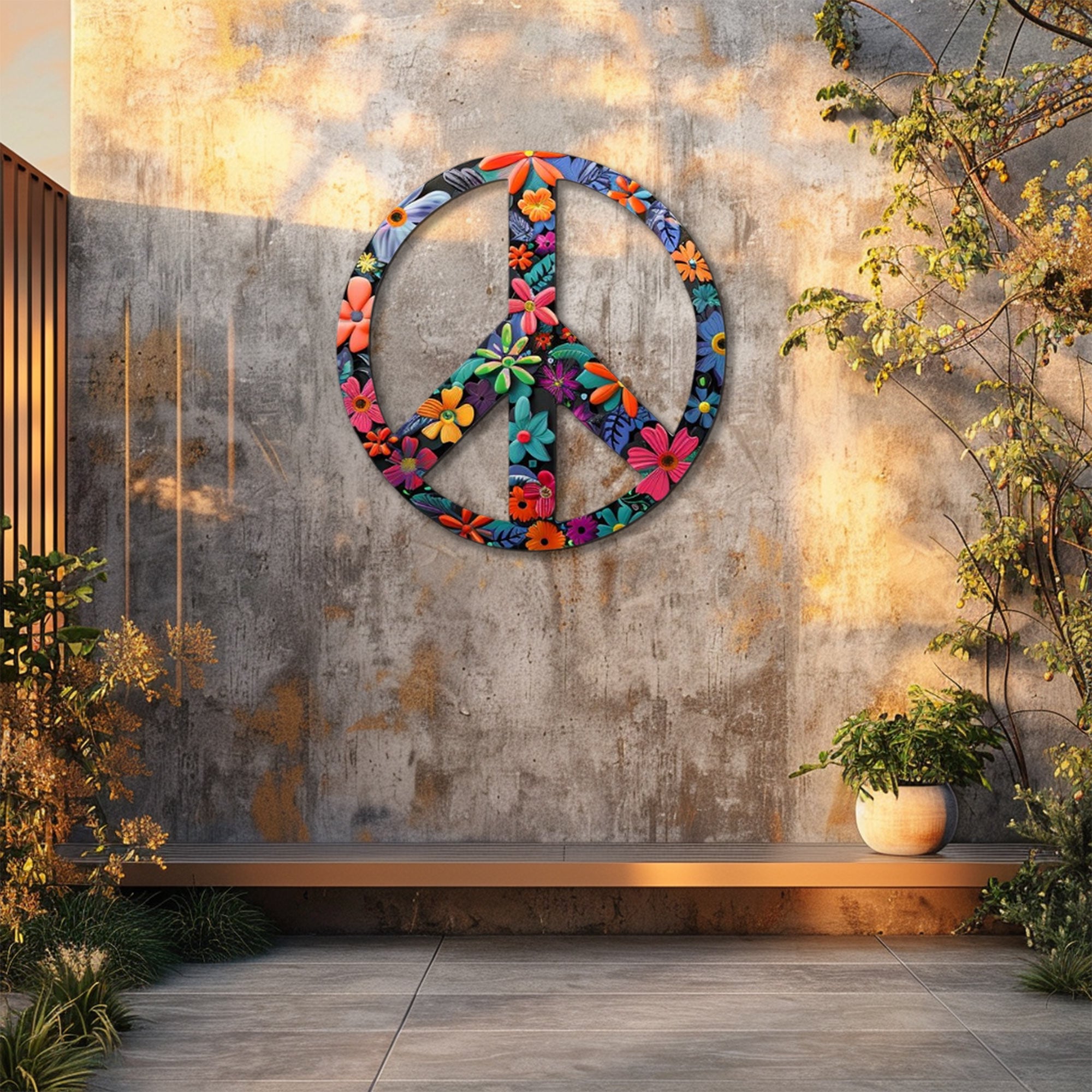 Floral Peace Sign UV printed aluminum metal wall art for colorful boho living room bedroom and patio decor