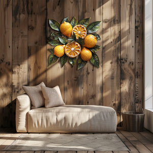 Lemon botanical metal wall art with vibrant citrus fruits and leafy branches for Mediterranean kitchen decor
