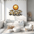 Golden fish metal wall art with ocean waves and sun coastal aluminum wall decor