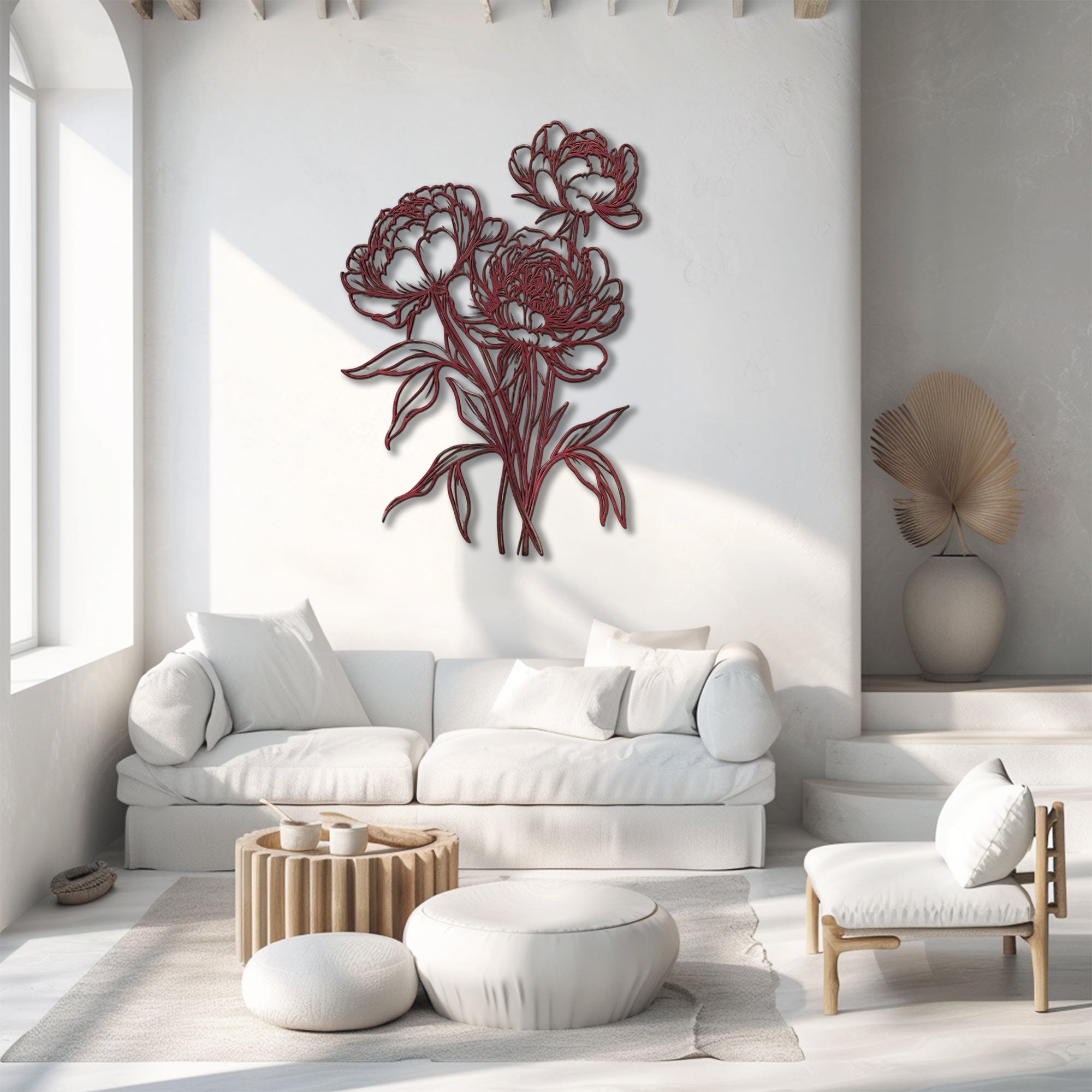 Peony outline metal wall art with elegant floral botanical line art design mounted on textured wall