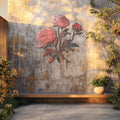 Blush pink peony metal wall art with elegant botanical floral design mounted on textured wall