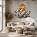 Silver fish metal wall art with ocean waves and sunset coastal aluminum wall decor