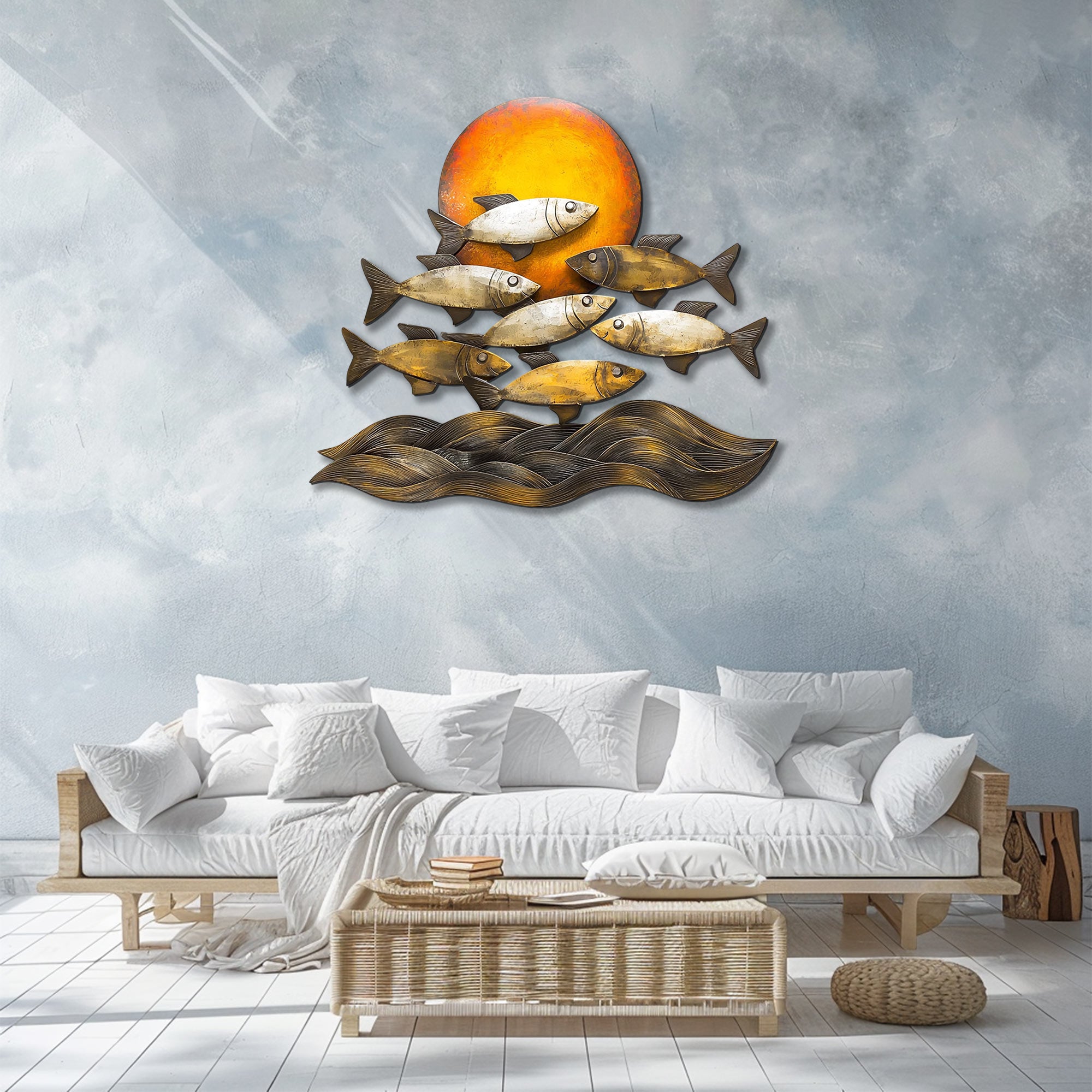 Golden sunset fish metal wall art with ocean waves coastal aluminum wall decor
