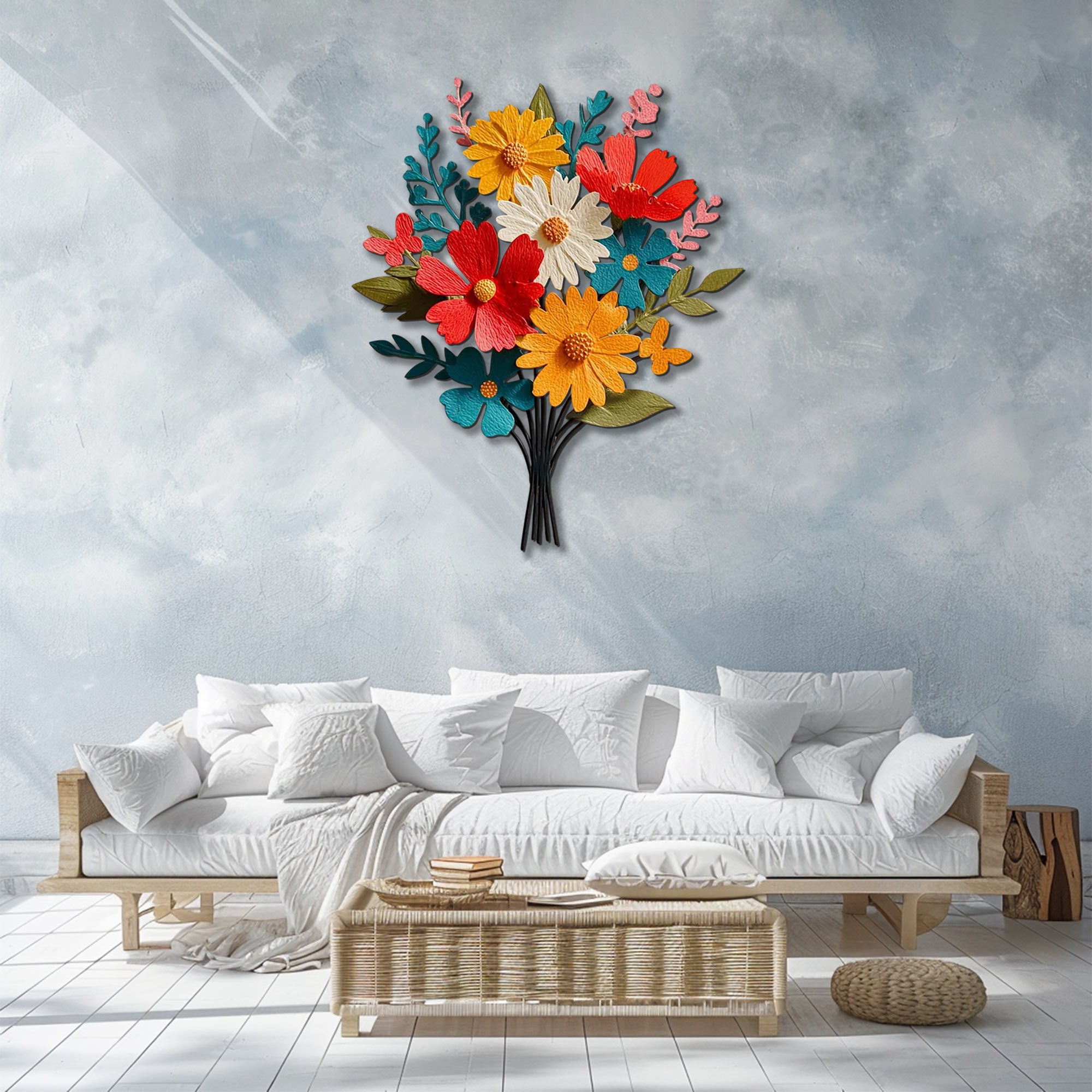 Colorful wildflower bouquet metal wall art with vibrant floral design mounted on textured wall