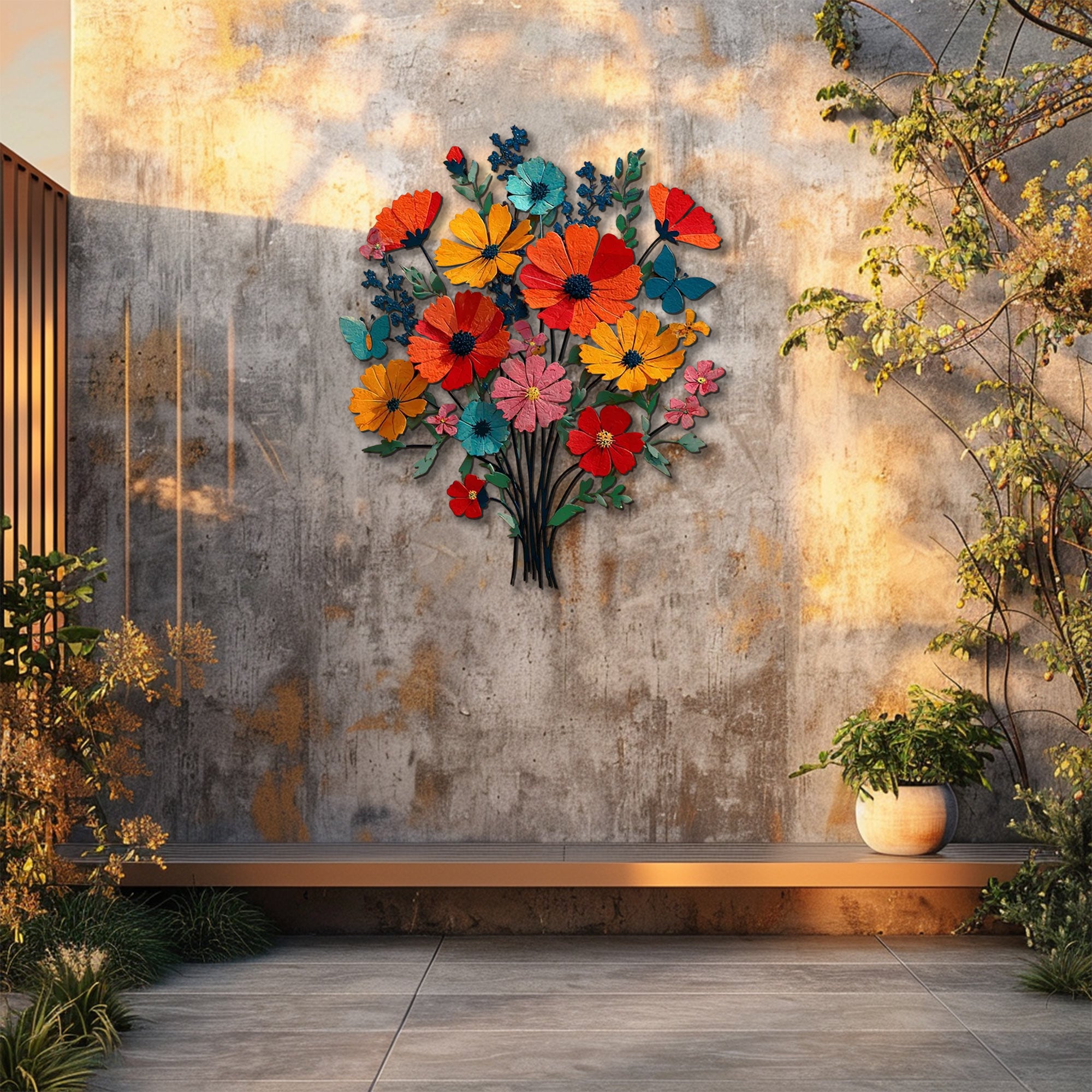 Colorful cosmos flower metal wall art with butterfly accents and vibrant floral botanical design mounted on textured wall