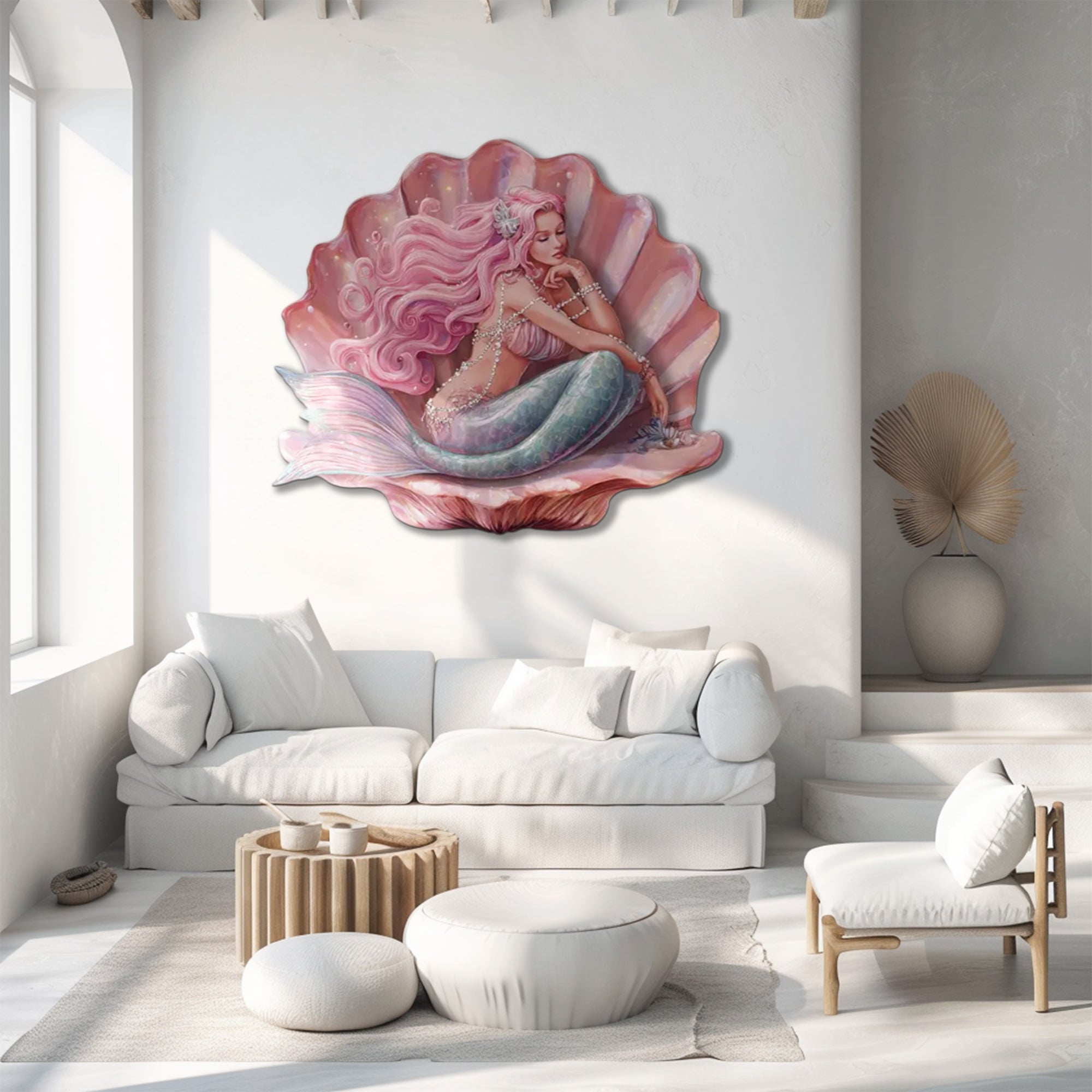 Mermaid Seashell UV printed aluminum metal wall art for ocean bedroom nursery and coastal decor