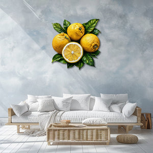 Rustic lemon aluminum wall decor with textured citrus artwork for farmhouse dining room styling