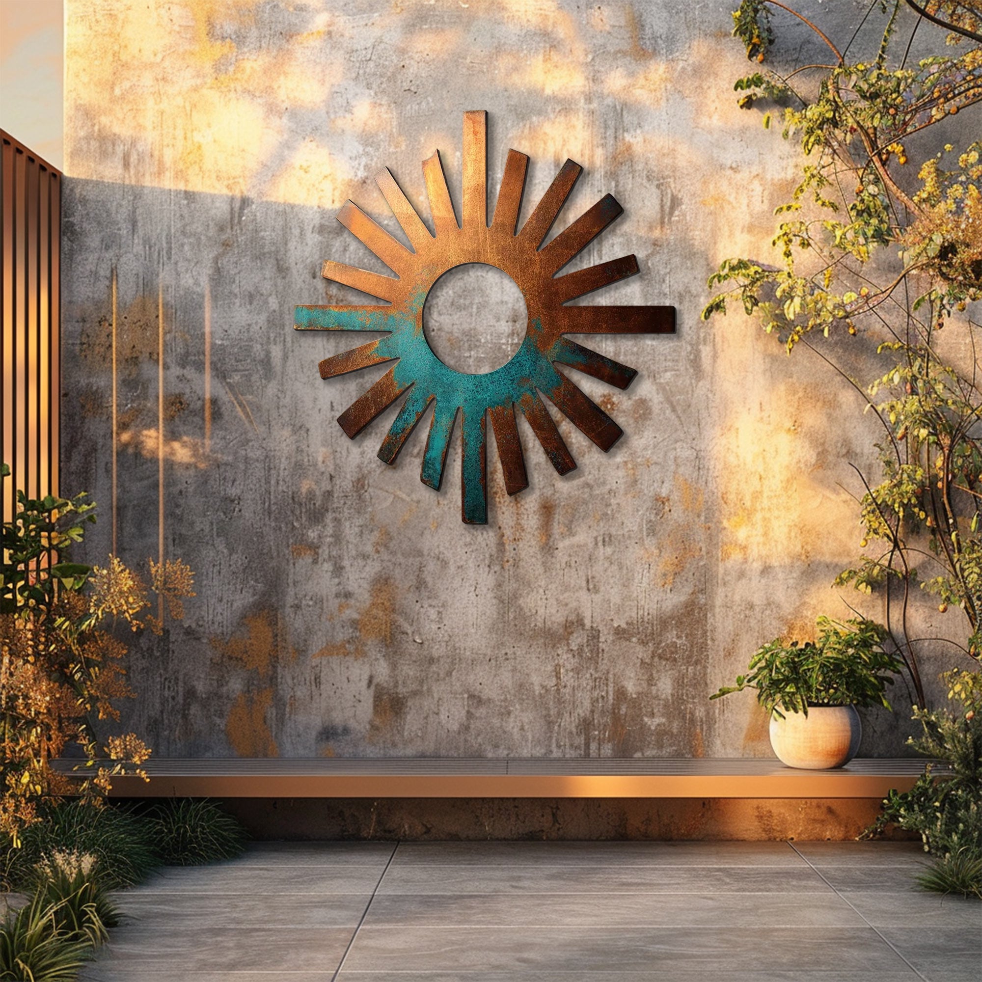 Rustic sunburst ring metal wall art southwestern outdoor decor