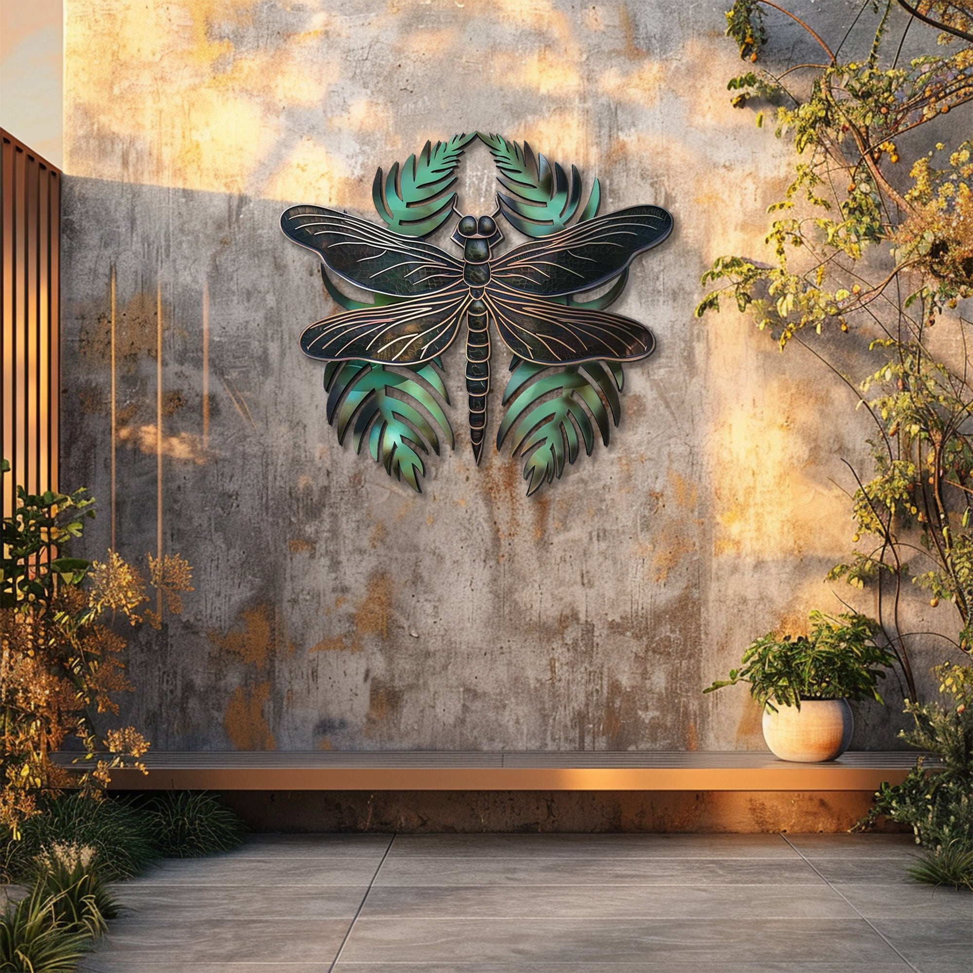 Dragonfly metal wall art with tropical leaves botanical aluminum wall decor