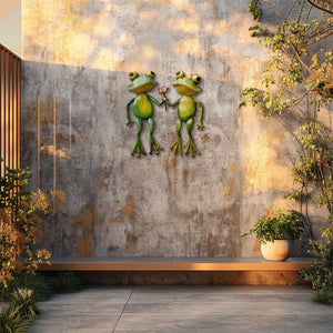 Cute frog couple metal wall art holding flower whimsical garden aluminum wall decor