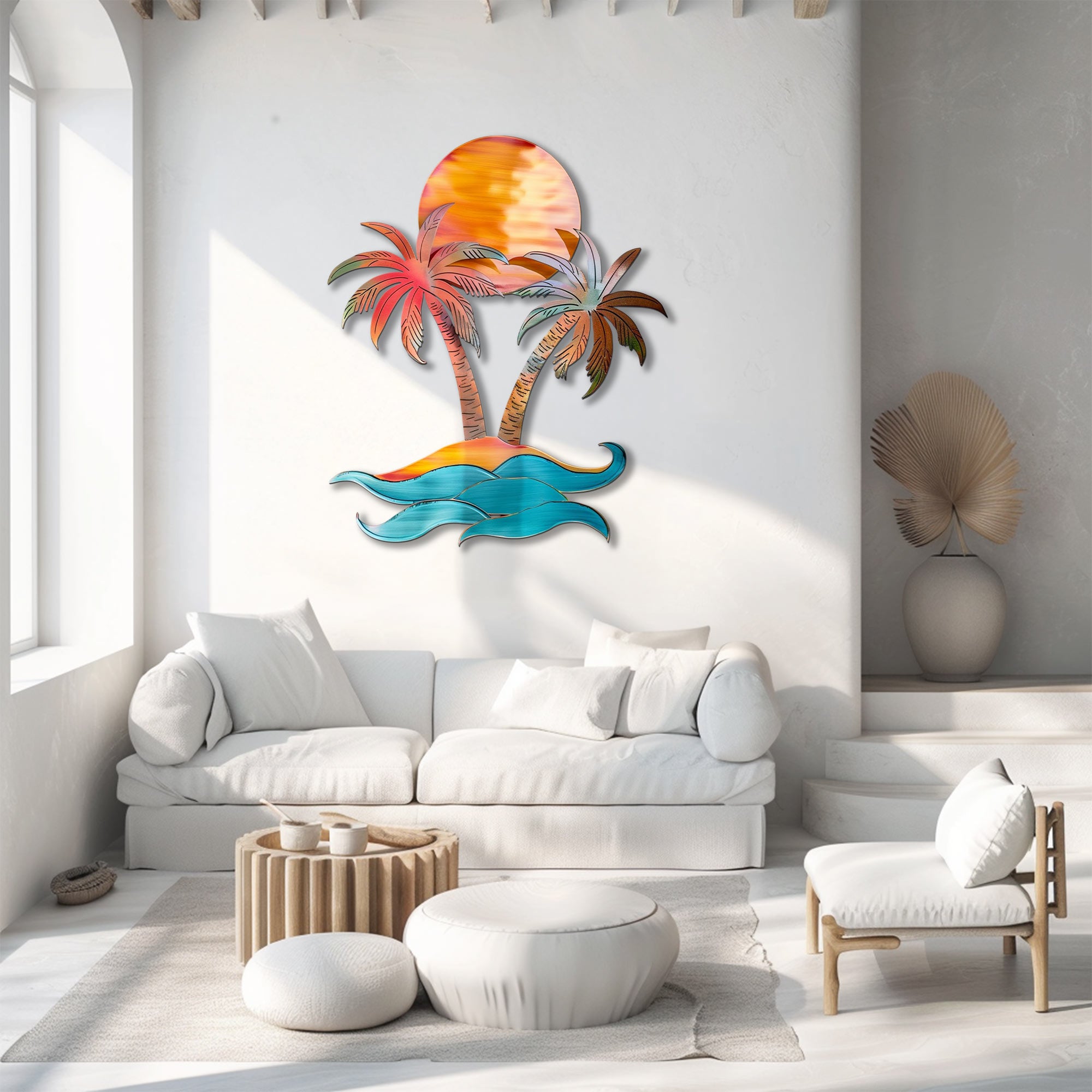 Tropical island palm trees metal wall art with coral sunset sky curling ocean waves and sunset beach aluminum wall decor